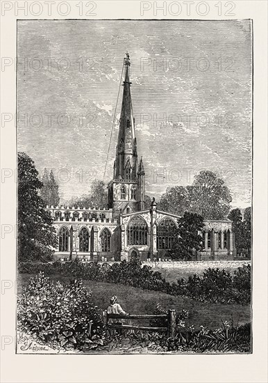 FIXING THE WEATHERCOCK, ASHBOURNE CHURCH, DERBYSHIRE, UK, 1873 engraving