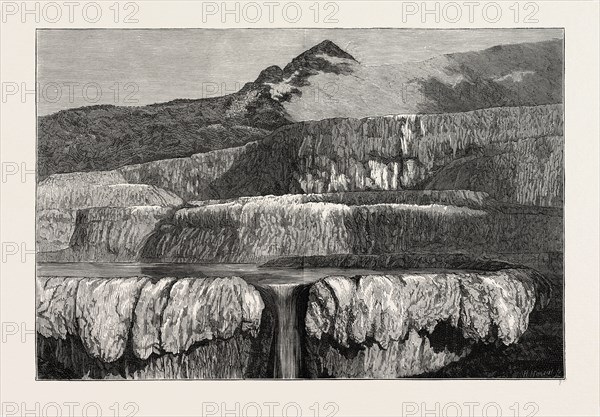 HOT LAKES OF NEW ZEALAND: THE TATTOOED BASIN, TARATA, 1873 engraving