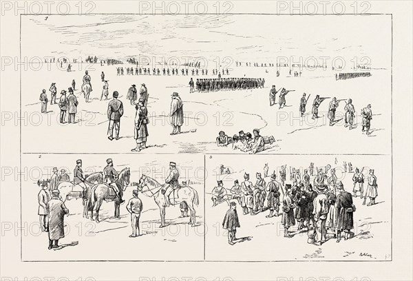THE CIVIL WAR IN SPAIN: DRILLING REPUBLICAN TROOPS FOR GUERILLA WARFARE IN THE NORTH: 1. Skirmishing. 2. Commander-in-Chief and Staff. 3. After Drill, 1873 engraving