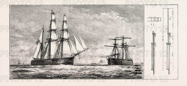 ADMIRAL SCHOMBERG'S PROPOSED NEW RIG FOR MEN-OF-WAR: A, Lower Mast. B, Trysail Mast. C, Lower Yard. D, Lower Topsail Yard. E, Upper Topsail Yard. F, Topmast Fidded abaft. G, Plan of Trussel Trees enlarged. h, h, Fids of Top and Trysail Masts., 1873 engraving