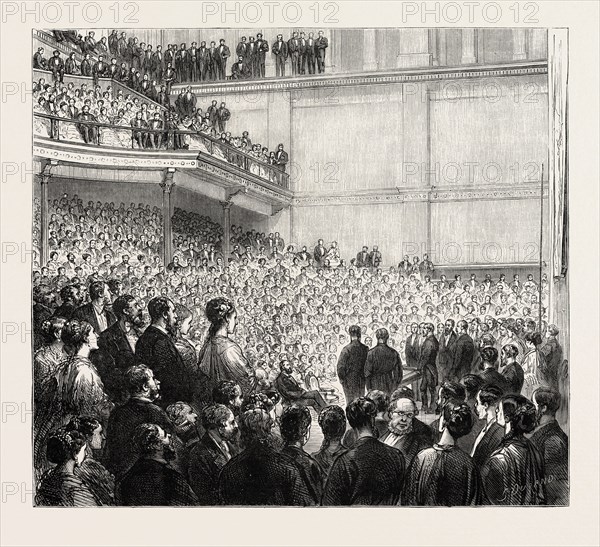 SIR SAMUEL BAKER AT THE ROYAL GEOGRAPHICAL SOCIETY: H.R.H. THE PRINCE OF WALES'S SPEECH, 1873 engraving