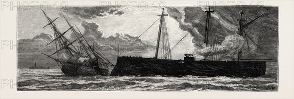 THE CARTAGENA INSURRECTION, SPAIN: THE INSURGENT FRIGATE NUMANCIA RUNNING DOWN HER CONSORT THE FERNANDO EL CATOLICO, 1873 engraving