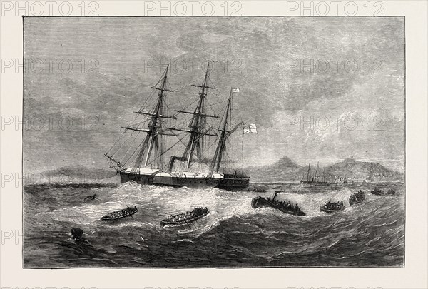 THE ASHANTEE WAR: LANDING THE FORCES FOR SIR GARNET WOLSELEY'S RECENT MARCH ON DUNQUAH, ANGLO ASHANTI WAR, GHANA, 1873 engraving