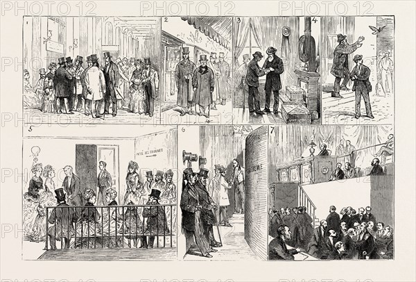 THE FRENCH CRISIS, SKETCHES AT VERSAILLES DURING THE RECENT CONSTITUTIONAL DEBATE, FRANCE: 1. The Deputies at St. Lazare Railway Station. 2. The Last on the Platform at Versailles. 3. The Wine Shop in Front of the Assembly. 4. The Flight. 5. Soliciting the Deputies for an Entry. 6. The Back of the Tribune, Listening without Seeing. 7. Jules Simon surrounded by his Friends on leaving the Tribune, 1873 engraving