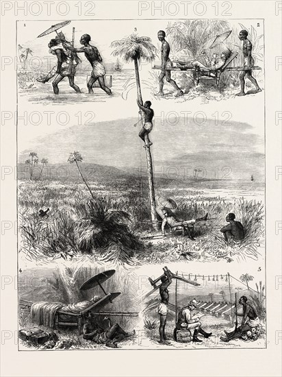 THE ASHANTEE WAR: HOW I TOOK COOMASSIE: 1. I land in great force; the main body of the enemy has apparently yet to be encountered. 2. Heavy marching order (for the Fantee bearers). 3. Mid-day halt and reconnoitre. 4. Encampment, a night surprise. 5. Coomassie taken, ANGLO ASHANTI WAR, GHANA, 1873 engraving