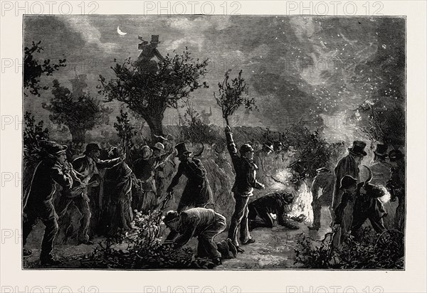 THE ANCIENT CUSTOM OF WOOD LOPPING AT MIDNIGHT IN EPPING FOREST ON THE ELEVENTH OF NOVEMBER, UK, 1873 engraving