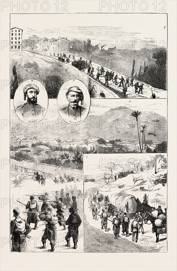 THE CARLIST WAR IN SPAIN: 1. The Inhabitants and Volunteers of Valls repulsing the Carlists. 2. The Carlist Chief Miret. 3. Vila de Prat, Carlist Chief killed in the attack on Igualada. 4. Battle at Jativa. 5. A Berga Convoy, 1873 engraving