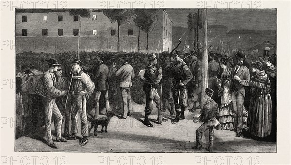 THE CIVIL WAR IN SPAIN: SOLDIERS LEAVING MADRID FOR THE NORTH, 1873 engraving