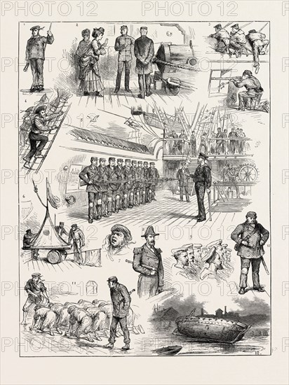 THUMBNAIL JOTTINGS DURING A COASTGUARD CRUISE, BANTRY BAY, IRELAND: 1. Look Out. 2. Lady Firing Fuse. 3. Boarders away. 4. Away aloft. 5. Small Arm Drill. 6. Targets G.G. and N.A. 7. The Quartermaster's Aide. 8. Sunday Rig, Full Undress. 9. Watch, Fall in. 10. My form is slightly altered since this old belt was new. 11. Holystoning. 12. Prophetic: Ignominious Death, 1873 engraving