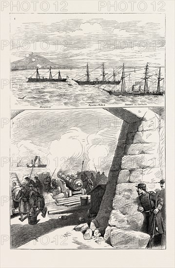 THE BOMBARDMENT OF ALICANTE, SPAIN: 1. The Intransigente Fleet. 2. The Battery at the Puerta Nueva, 1873 engraving