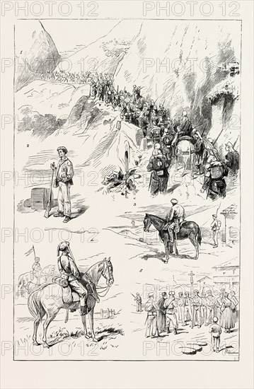 THE CARLIST WAR IN THE NORTH, SPAIN: 1. A Republican Column on the March. 2. A Carlist Custom House Officer. 3. Carlist Courier. 4. Types of Carlist Cavalry. 5. Forced Recruiting by Carlists in a Village., 1873 engraving