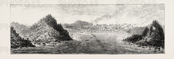 THE ASHANTEE WAR: VIEW OF AQUIDAH, SHELLED BY H.M.S. DRUID, AUGUST 28, 1873, ANGLO ASHANTI WAR, GHANA, 1873 engraving