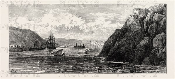 THE CIVIL WAR IN SPAIN: ENTRANCE TO CARTHAGENA HARBOUR: THE INTRANSIGENTE IRONCLADS MENDEZ NUNEZ AND NUMANCIA COMING OUT, 1873 engraving