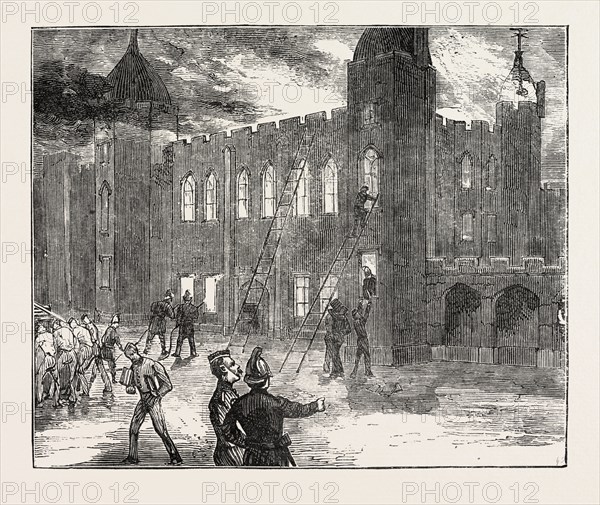 THE FIRE AT THE ROYAL MILITARY ACADEMY AT WOOLWICH, UK: VIEW FROM THE COURTYARD, 7 A.M., 1873 engraving