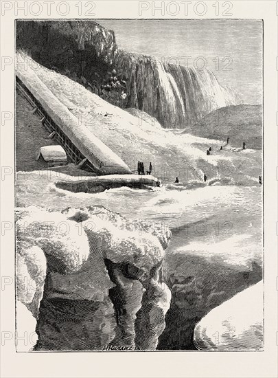 THE NIAGARA FALLS IN WINTER TIME: ICE MOUNTAIN AND AMERICAN FALL, 1873 engraving