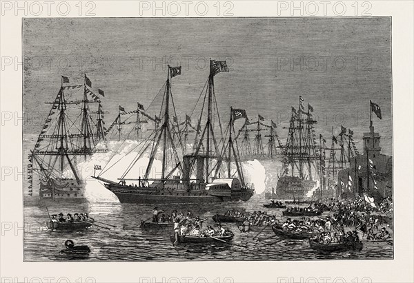 THE NAVAL REVIEW AT SPITHEAD: THE SHAH IN THE ROYAL YACHT VICTORIA AND ALBERT INSPECTING THE FLEET, UK, 1873 engraving