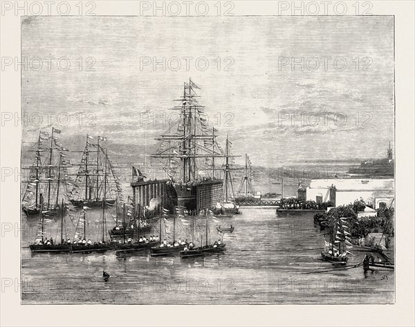 INAUGURATION OF THE CLARENCE HYDRAULIC DOCK AT MALTA, 1873 engraving