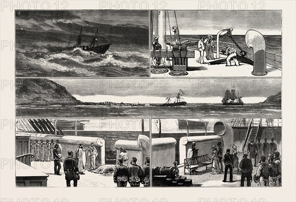 COMING BACK FROM ZULULAND, ON BOARD H.M.S. ORONTES: 1. The Orontes at Anchor in a North-Easter off Durban. 2. The Starboard Anchor after the Gale. 3. Offering Assistance by Signal to a Stranded Steamer. 4. A Soldier's Funeral at Sea. 5. A Soldier's Marriage at Sea