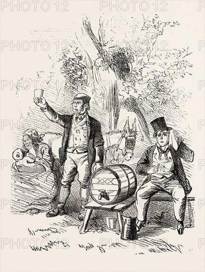 THE DERBY DAY, SCENES BY THE ROADSIDE AND ON THE DOWNS: ROADSIDE REFRESHMENTS. UK, 1860 engraving