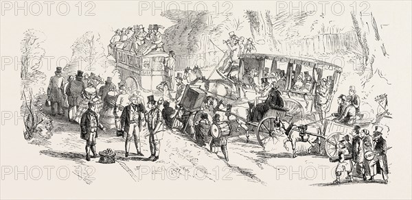THE DERBY DAY, SCENES BY THE ROADSIDE AND ON THE DOWNS: UP THE HILL TO THE DOWNS. UK, 1860 engraving