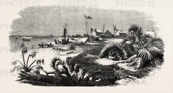 THE LIVINGSTONE EXPEDITION IN AFRICA: DR. LIVINGSTONE'S STATION AT THE MOUTH OF THE KONGONE RIVER, ON THE ZAMBESI DELTA, 1860 engraving