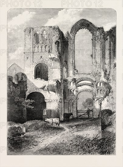RUINS OF CASTLE ACRE PRIORY, NORFOLK, BY R.P. LEITCH. FROM THE ROYAL ACADEMY EXHIBITION, 1860 engraving