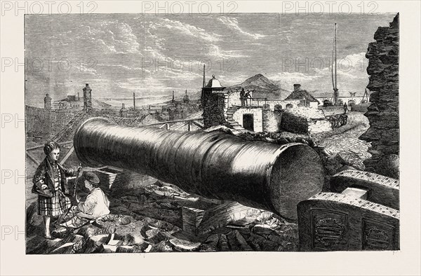 MONS MEG, EDINBURGH CASTLE, SCOTLAND, UK, 1860 engraving