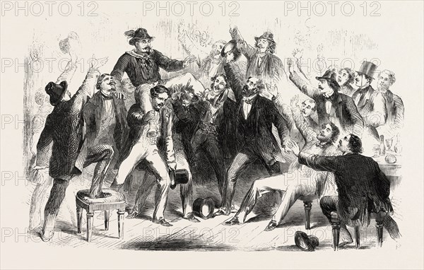 OVATION TO THE FIRST GARIBALDIAN WHO ENTERED THE CAFE DI EUROPA, NAPLES, ITALY, 1860 engraving