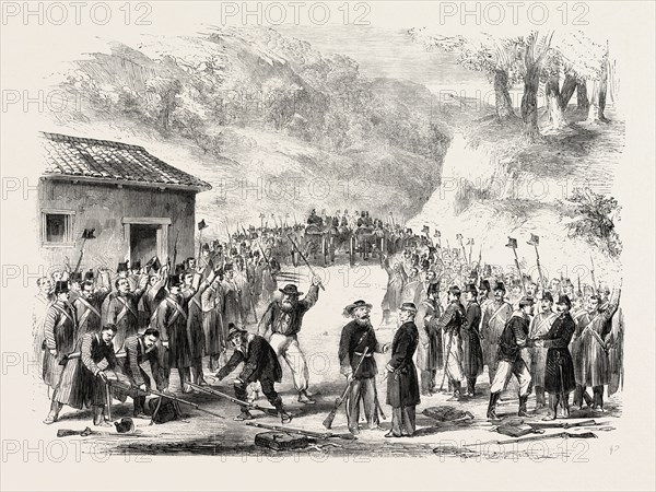 GARIBALDI'S MARCH THROUGH CALABRIA: SURRENDER OF THE NEAPOLITAN TROOPS AT SOVERIA, CALABRIA, ITALY, 1860 engraving