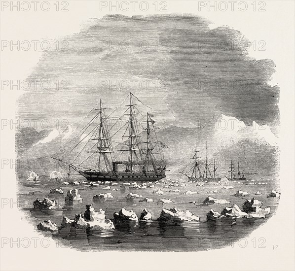 H.M.S. TERMAGANT CONVOYING THE GUN BOATS GRAPPLER AND FORWARD THROUGH THE STRAITS OF MAGELLAN: STEAMING THROUGH THE ICE IN WIDE CHANNEL, 1860 engraving