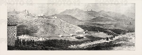 THE CIVIL WAR IN SPAIN: BATTLE OF GALDAMES, APRIL 30, 1874, VIEW FROM THE HEIGHTS OF MONTELLANO: 1. Galdames Mountains. 2. Limestone cliff. 3. Carlist Intrenchment. 4. Railroad to the Iron-Mines. 5. Mountains of Sopuerta. 6. Galdames Inn. 7. Wood full of Carlists. 8. San Felice Bridge. 9. Village of Mercadillo. 10. Road to Valmaseda. 11. Houses of Mercadillo. A, A, A. Carlist Intrenchments. B. Carlists Retreating. C. Left wing of Concha's Army. D. Saragosa Regiment, making a feigned attack on the Carlists. E. Battery. F. Concha's Troops