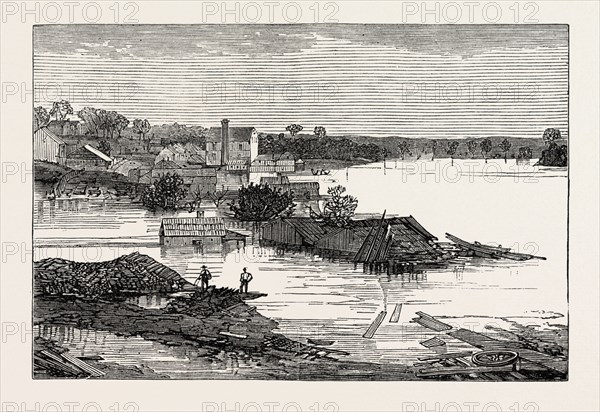 INUNDATIONS IN THE UNITED STATES OF AMERICA: CUMBERLAND RIVER, LOOKING UP STREAM, AT CLARKSVILLE, TENNESSEE