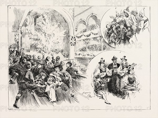 CHRISTMAS FETE AT MR. CHARRINGTON'S ASSEMBLY HALL, MILE END: 1. An exciting moment. 2. Food for the body: giving packets of Bovril and chocolate to the children. 3. Food for the mind: entertainment by the Meier family.