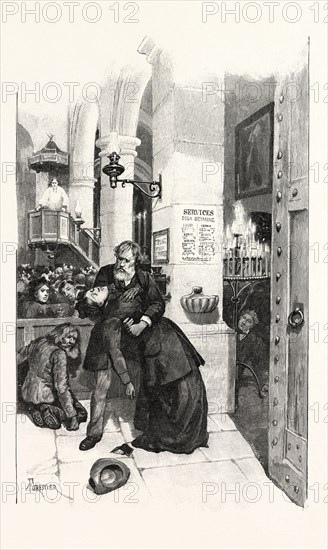 She moved to the door of the church, but, with her foot on the step, swayed and fell into Medallion's arms, 1893 engraving