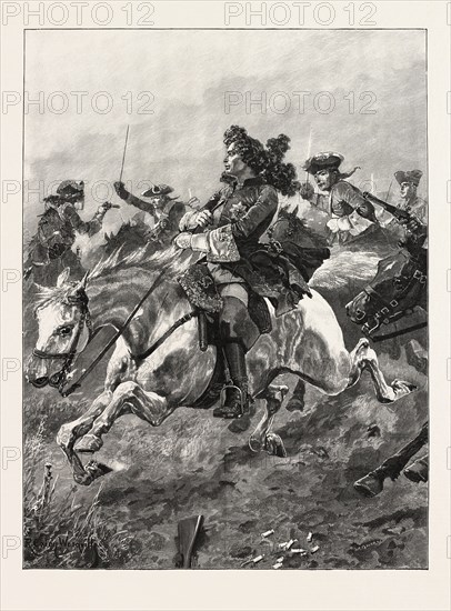 BATTLES OF THE BRITISH ARMY: RAMILLIES; NARROW ESCAPE OF MARLBOROUGH FROM FRENCH DRAGOONS. The Battle of Ramillies, fought on 23 May 1706, was a major engagement of the War of the Spanish Succession, 1893 engraving