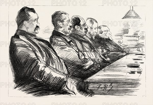 THE ANARCHISTS IN PARIS, FRANCE, THE TRIAL OF RAVACHOL AT THE PALAIS DE JUSTICE: SOME OF THE JURY EMPANELLED TO TRY RAVACHOL, 1892 engraving