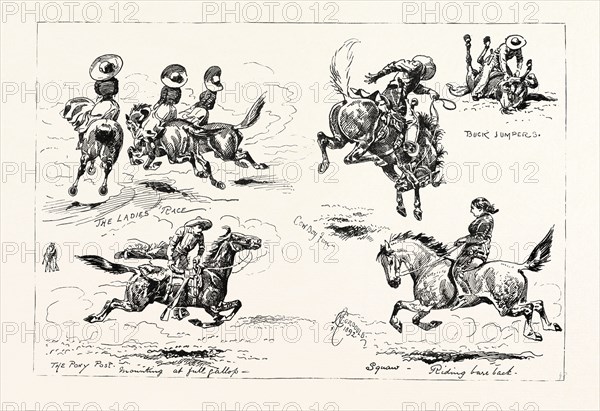 Buffalo Bill AT EARL'S COURT: SKETCHES IN THE WILD WEST ARENA, LONDON, UK, 1892 engraving