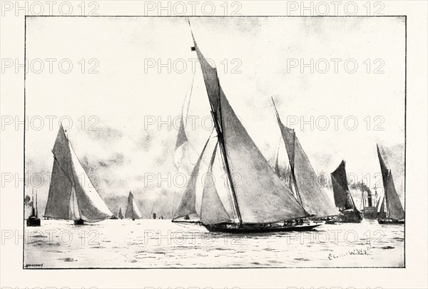 THE FIRST RACE OF THE ROYAL THAMES YACHT CLUB: THE IVERNA, METEOR AND MAID MARIAN RUNNING HOME, 1892 engraving