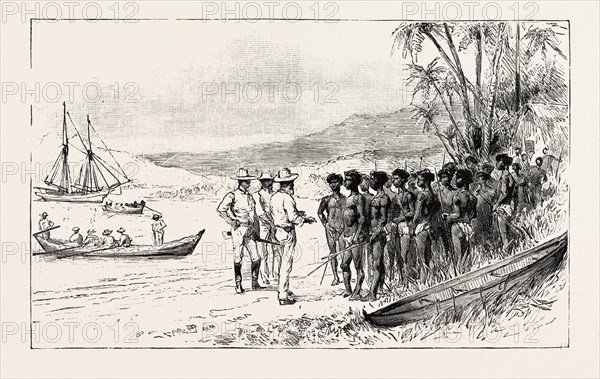 THE KANAKA LABOUR QUESTION IN QUEENSLAND: RECRUITING: TRADERS PERSUADING THE ISLANDERS TO EMBARK FOR QUEENSLAND, AUSTRALIA, 1892 engraving