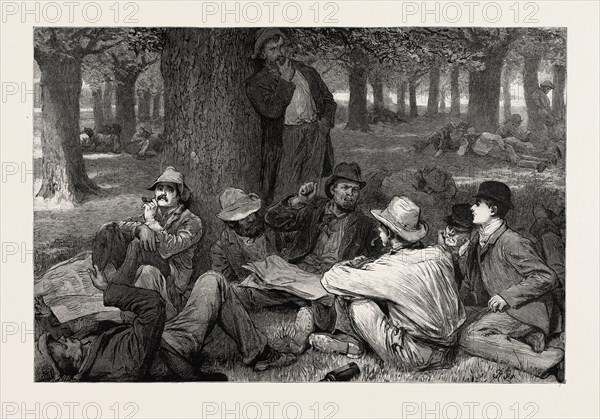 THE LABOUR MARKET IN AUSTRALIA: THE UNEMPLOYED WHO ARE NOT ANXIOUS FOR EMPLOYMENT, A SKETCH IN THE TREASURY GARDENS, MELBOURNE, 1892 engraving