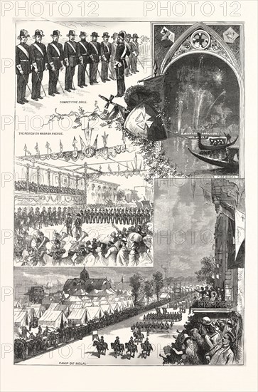 KNIGHTS TEMPLAR AT CHICAGO-CAMP DE MOLAI OTHER SCENES. FROM SKETCHES FRANK H. TAYLOR, US, USA, engraving 1880