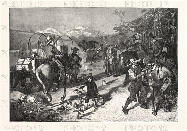 THE COW BOYS BREAKING CAMP DRAWN W. A. ROGERS, engraving 1880, US, USA