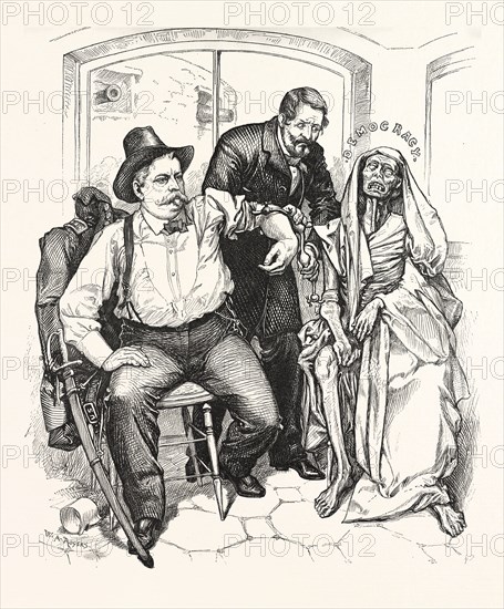 TRANSFUSION BLOOD, IS IT TOO LATE ? Engraving 1880, US, USA