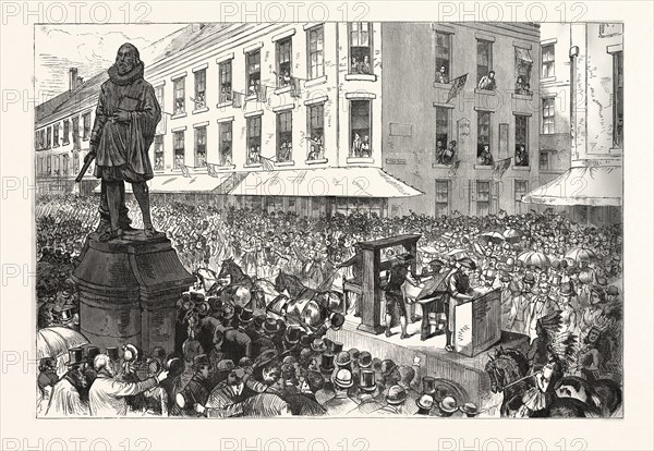 BOSTON CELEBRATION: THE PROCESSION PASSING WINTHROP STATUE. DRAWN BY C. GRAHAM, engraving 1880, US, USA, America