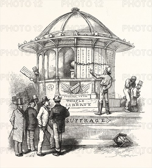 " FREEDOM SUFFRAGE TO BLACKS MEANS FREEDOM SUFFRAGE TO THE WHITES." EVARTS. SOLID SOUTH. " Hurry dough-face, and shut your side, Mine is solid, engraving 1880, US, USA, America