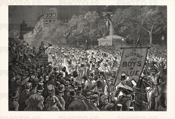 REPUBLICAN ENTHUSIASM IN NEW YORK, THE GRAND PROCESSION OCTOBER 11, POLITICS, POLITICAL, POLITIC, CAMPAIGN, PATRIOTIC, ENGRAVING 1880, US, USA, AMERICA