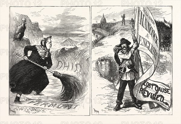 Mrs. Partington struggling with the republican tide. Only waiting for the signal, engraving 1880, US, USA, America, POLITICS, POLITICAL, POLITIC, CAMPAIGN, PATRIOTIC