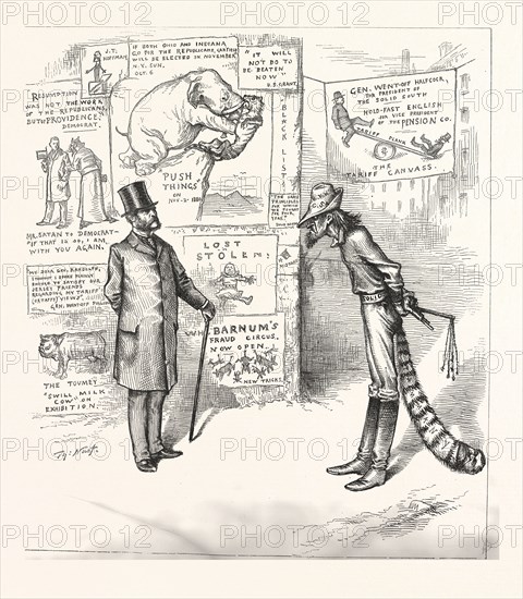 NORTH MEANS BUSINESS. NORTH TO SOUTH. "As long as defy me a solit front, I will NOT TURN BACK !" Engraving 1880, US, USA, America