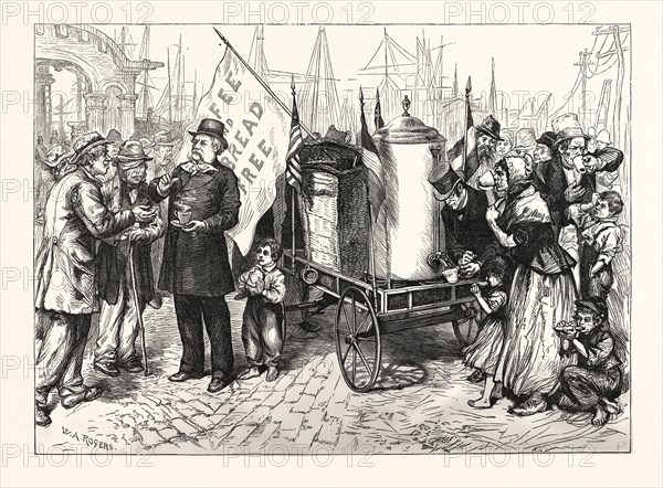 DR. KENNION'S STREET COFFEE-URN CART-A GOOD TEMPERANCE MOVEMENT. DRAWN W. A. ROGERS, US, USA, AMERICA, UNITED STATES, AMERICAN, ENGRAVING 1880