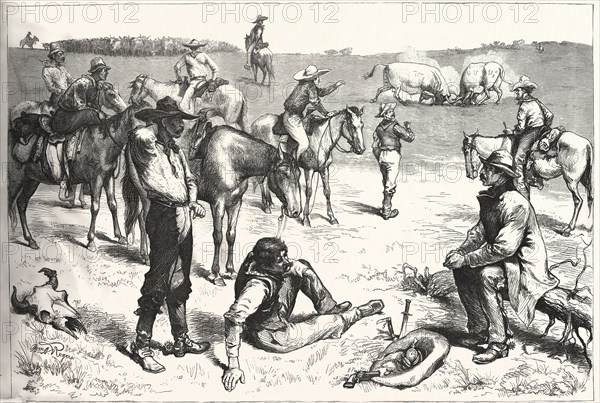 AMONG THE COW BOYS, COWBOY, COWBOYS, WESTERN, MALE, US, USA, AMERICA, UNITED STATES, AMERICAN, ENGRAVING 1880